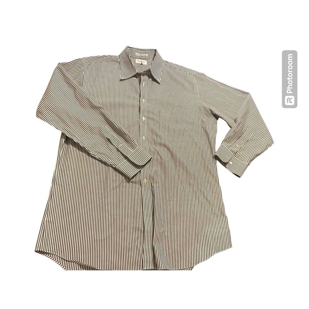 Paul Fredrick Shirt Mens 17.5 35 2 Pinpoint Cotton Trim Fit Navy Blue‎ Stripe